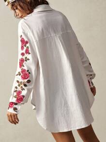Bohemela Boho Woven Relaxed Asymmetrical Hem Long Sleeve Long Shirt For Women - White - View 3