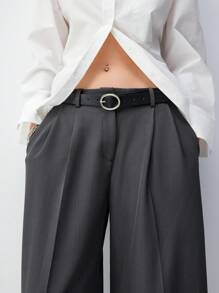 LYSMO 2025 New Arrivel Summer Women's Casual Commute Style Belt Detail Loose Wide-Leg Trousers - Dark Grey - View 8