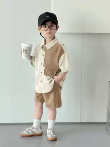SHEIN 2件套男童/女童休闲拼色翻领短袖开衫和松紧腰短裤套装 - 卡其色 - 查看 3