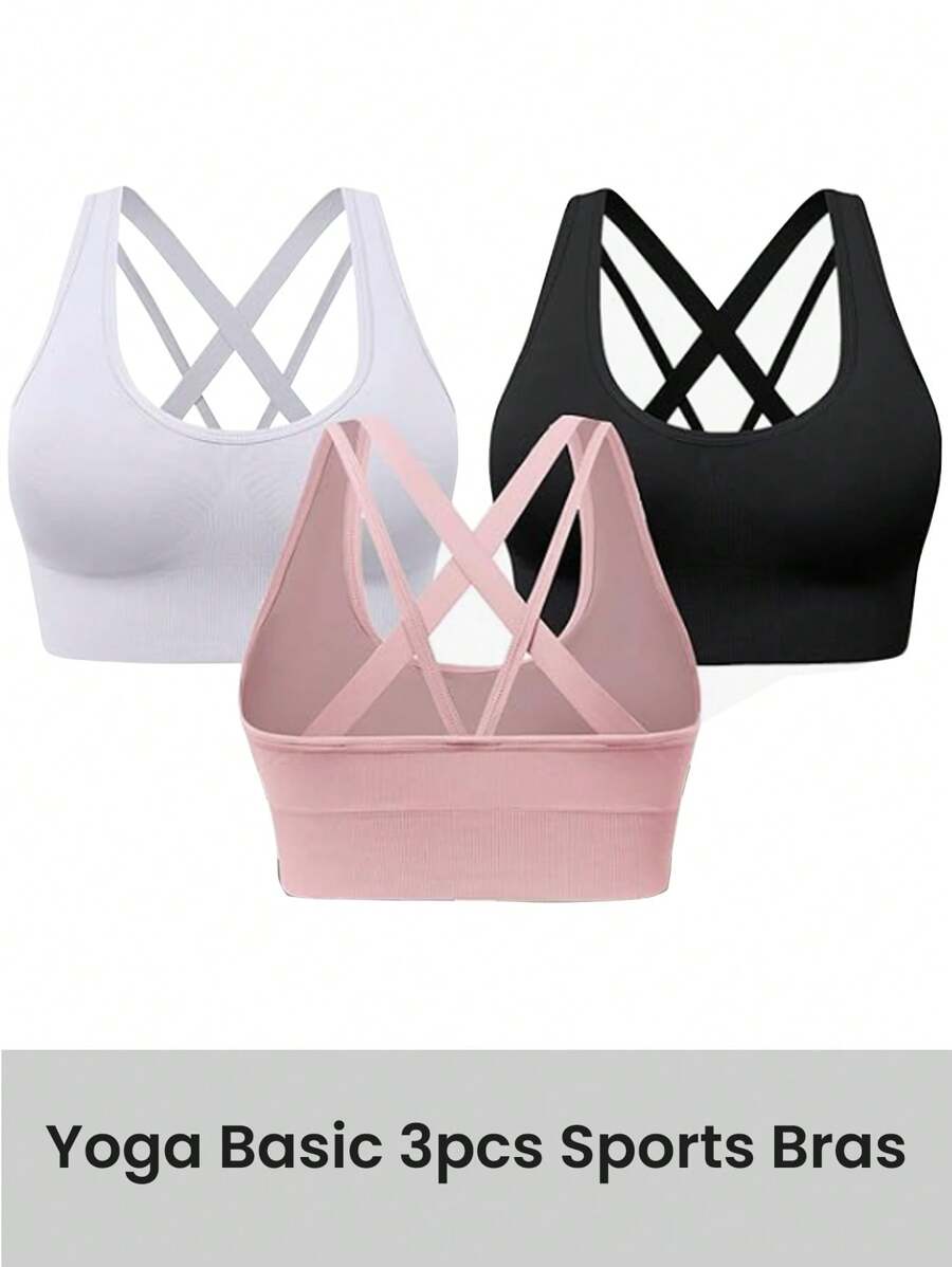 Easithlete 3pcs Seamless Sports Bras Set, Solid Color, Minimalist & Fashionable, Suitable - Multicolor - View 1
