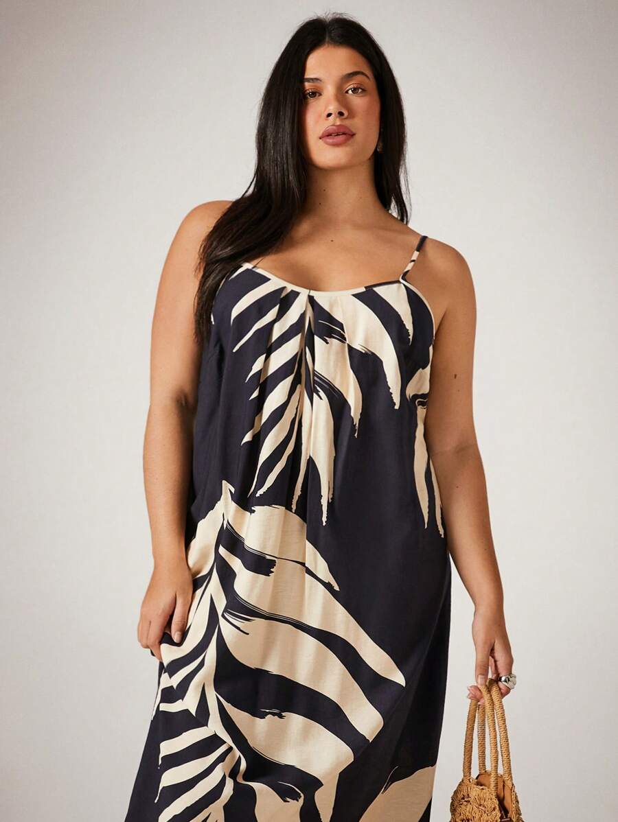 Freevana 大码女士无袖花卉印花热带夏威夷连衣裙、度假海滩装、夏装 - 黑與白 - 查看 1