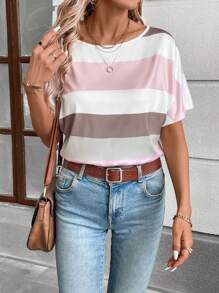 SHEIN LUNE 秋季粉紅條紋休閒鄉村音樂會女式緊身衣