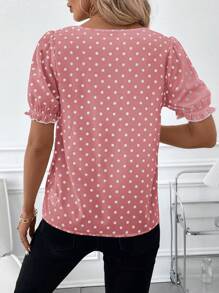 SHEIN Clasi Women's Polka Dot Contrast Trim Ruffle Collar Elegant Blouse With Puff Sleeves