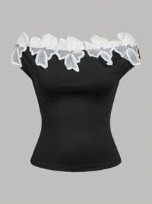 SHEIN Privé 女士优雅新款蕾丝露肩拼色假日上衣 - 黑色 - 查看 1