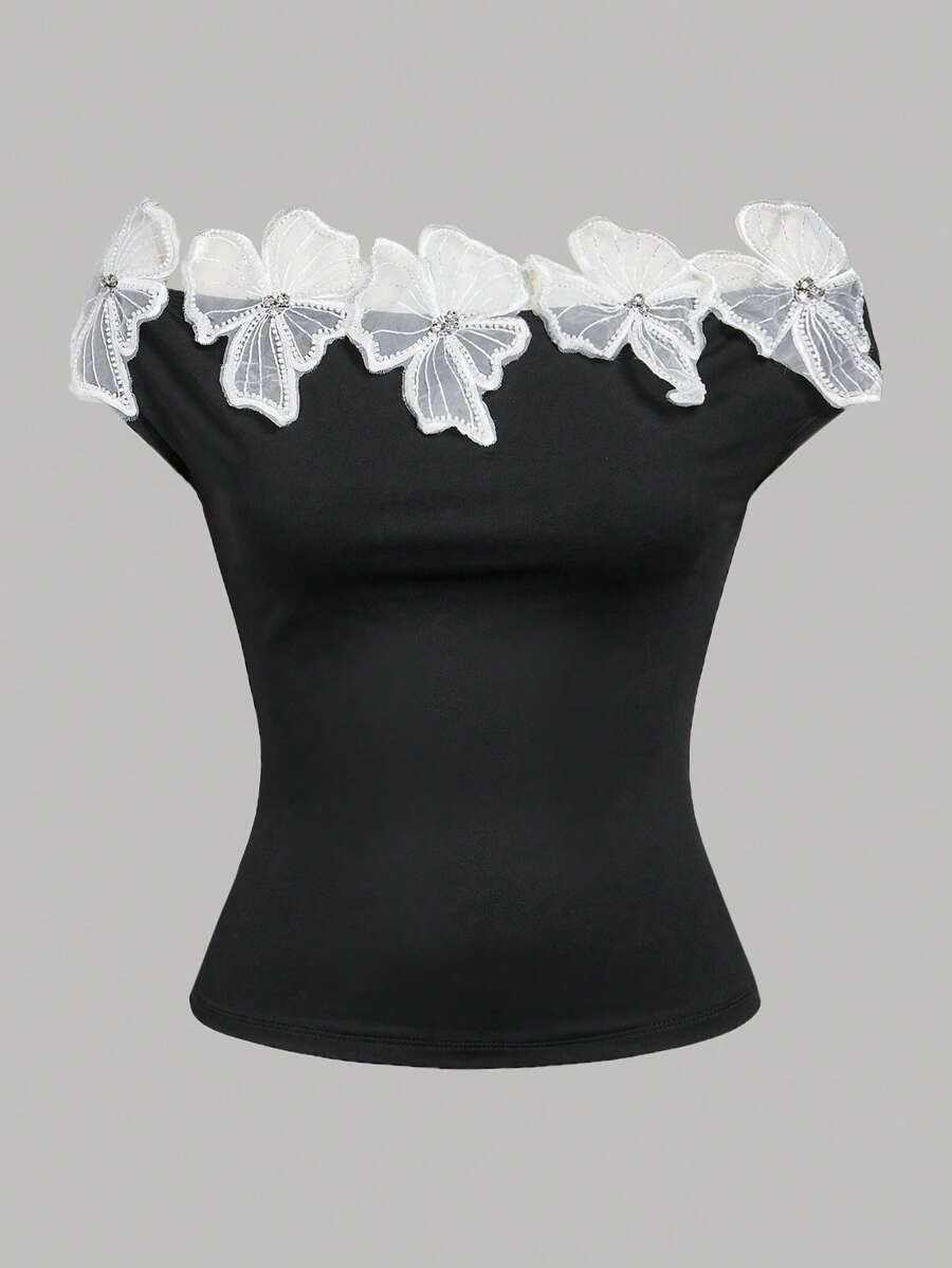 SHEIN Privé 女士优雅新款蕾丝露肩拼色假日上衣 - 黑色 - 查看 1
