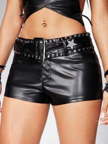 ROMWE Grunge Punk Shorts de couro PU de cintura superbaixa com estampa de estrelas e rebites sensuais Y2K, adornados com cristais, perfeitos para festivais e raves. - Preto - Ver 2