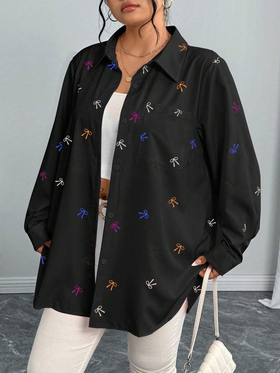 Elenzga Casual Romantic Pink Bow Print Blouse, Valentine's Gift Women Shirt ValentinesPink Lover Bow Fall Cloth For Women - Black - View 1