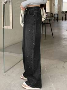 DAZY Women's Casual Washed Rhinestone Embellished Wide Leg Jeans