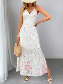 Breezaya Vestido de línea A para vacaciones con abertura lateral, cintura y tirantes con flores de estilo nicho francés para mujeres, elegante y ajustado