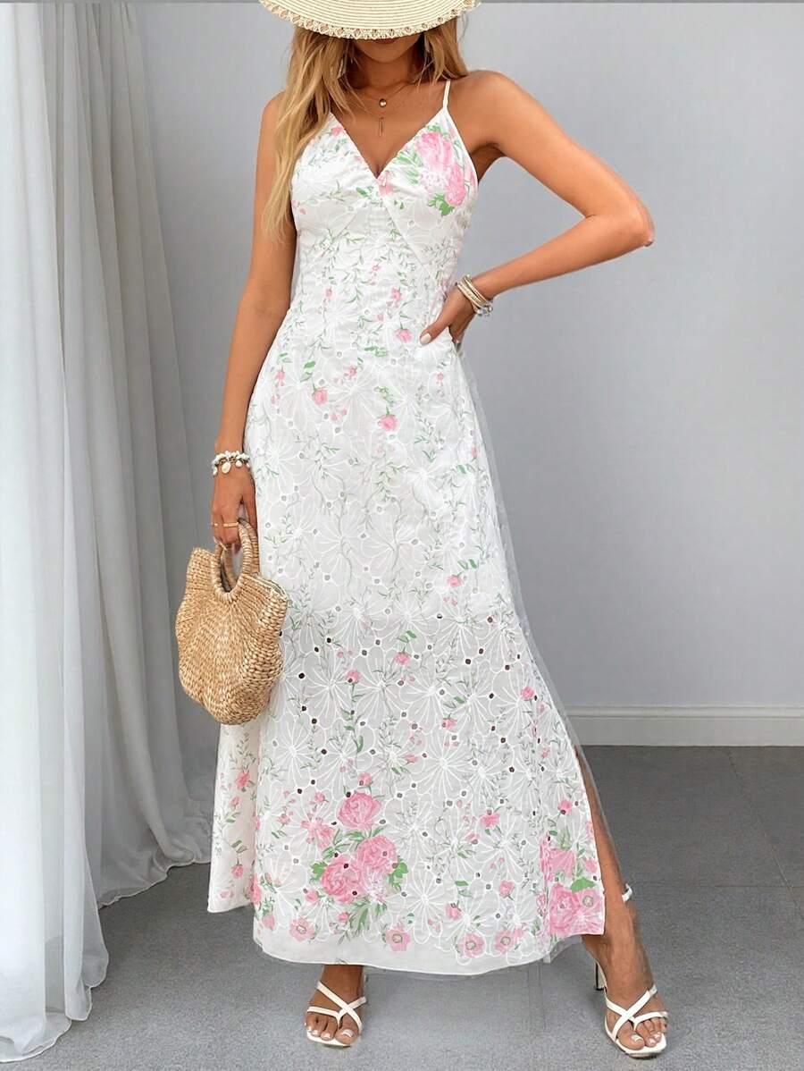 Breezaya Vestido de línea A para vacaciones con abertura lateral, cintura y tirantes con flores de estilo nicho francés para mujeres, elegante y ajustado