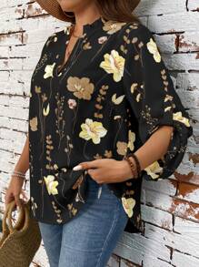 EMERY ROSE Plus Size Women Floral Print V-Neck Cuff Sleeve Vacation Shirt - Multicolor - View 3