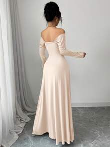 Modelyn Mesh Off-Shoulder plissiertes figurbetont langes Kleid mit Ärmeln für Damen