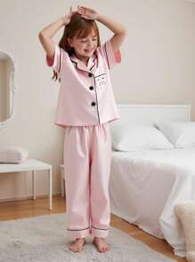 2pcs/Set Young Girl Simple Solid Color Pocket Cute Cat Print Short Sleeve Shirt And Long Pants Loungewear Set - Pink - View 5