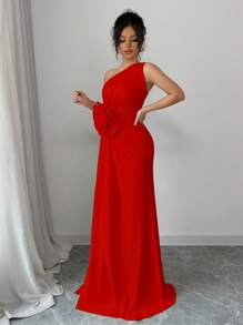 Rafferiza Women's Asymmetrical Neckline 3D Floral Dress - Red - View 6