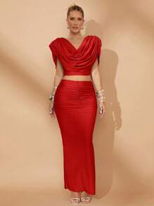 Lumalex 冬季春季情人节节日派对宴会婚礼 2 件套女士时尚套装：褶皱垫肩衬衫，深 V 领和修身长裙 - 紅色 - 查看 5