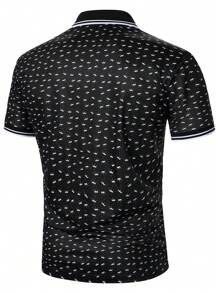 Manfinity Mode Men's Casual Polo Shirt With Crown Pattern And Striped Color Block Design - Black - View 3