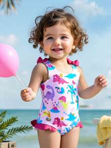 Baby Girls Cute Dinosaur Floral Print One-Piece Swimsuit With Ruffle Trim, Beach & Summer One-Piece Bathing Suit - Multicolor - View 1