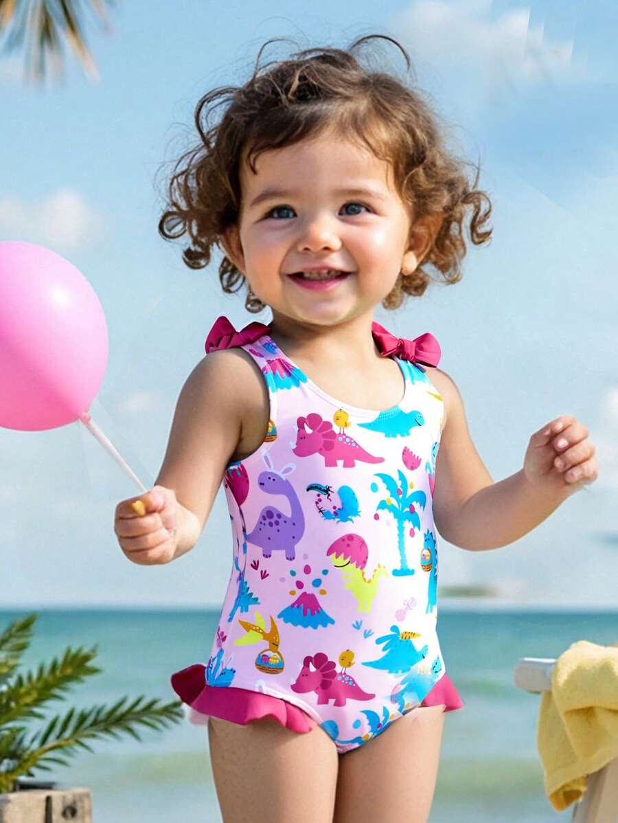 Baby Girls Cute Dinosaur Floral Print One-Piece Swimsuit With Ruffle Trim, Beach & Summer One-Piece Bathing Suit - Multicolor - View 1