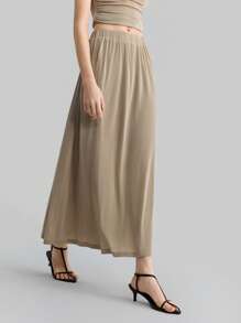 Ontre Chân váy trơn màu tối giản thanh lịch khi đi làm - Màu Khaki - Xem 2