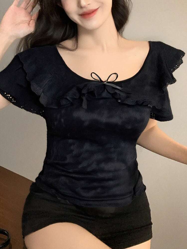 Summer New Arrival Bow Decor Fitted Ladies T-Shirt, Fashionable,Ruffle