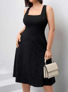 Chikora Plus Size Square Neck A-Line Jacquard Knit Elegant Dress Women Elegant Dresses Spring/Summer Outfits For Women Rave Outfits Festival Easter Women Outfit Easter Women Outfit - Black - View 3