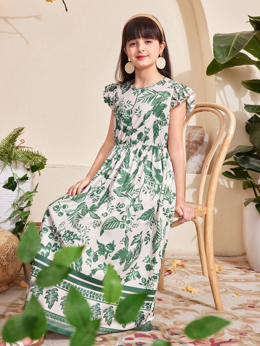 SHEIN Tween Girls Vacation Casual Plant Graphic Cap Sleeve Dress - Green - View 1