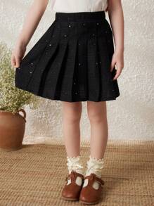 PrepCrw 年轻女孩宽松松紧腰百褶裙，编织黑色女学生风格，秋冬 - 黑色 - 查看 5