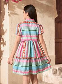 SHEIN Leap Crew Vestido informal y cómodo con patrón geométrico, cuello y empalmados para niña preadolescente - Multicolor - Ver 2