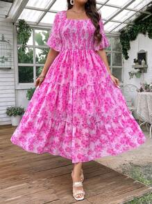 SHEIN Clasi 夏季大码花卉雪纺连衣裙，方形领口，荷叶边下摆和优雅饰边，长款女装 - 粉色 - 查看 8