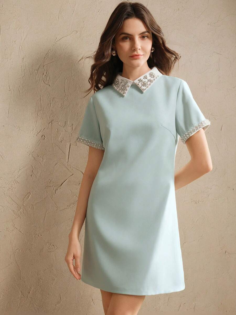 Anewsta 优雅女士水钻领子和袖子装饰 A 字裙,适合情人节、度假、新年、春夏季、端庄 - 淺藍色 - 查看 1