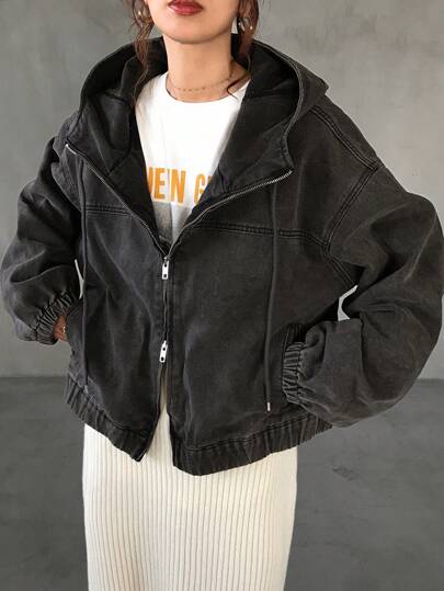 FRIFUL Women's Casual Washed Denim Hooded Jacket, Autumn