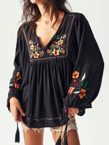 Bohemela Blusa de mujer de manga larga y cuello en V lisa y tejida para vacaciones