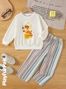 SHEIN Set de 2 piezas de camiseta casual con estampado de luna y rayas y pantalones vaqueros para niños, estilo lindo/retro, adecuado para primavera/verano