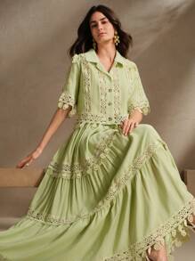 Anewsta Conjunto elegante y romántico de 2 piezas para mujer - Blusa con flecos y aplicación floral verde y falda larga, para primavera/verano