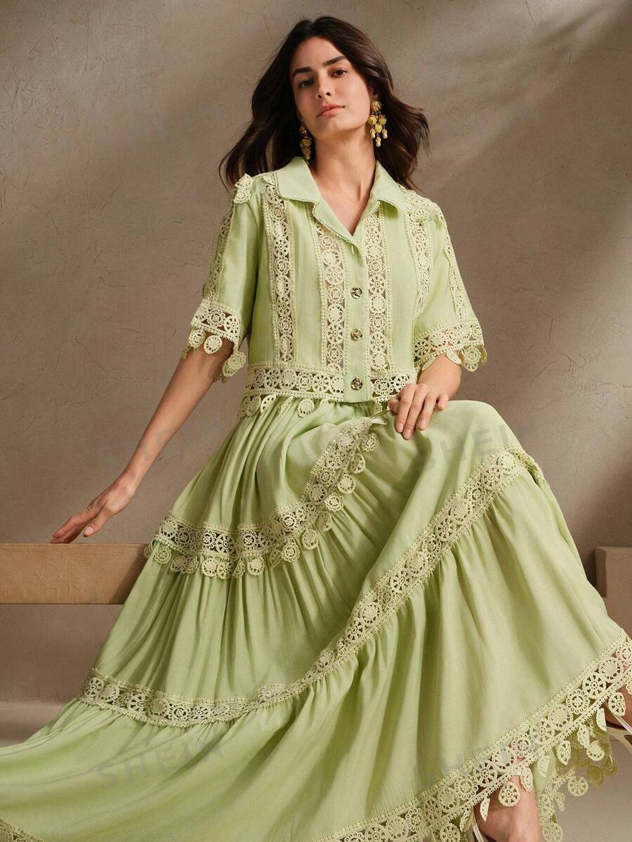 Anewsta Conjunto elegante y romántico de 2 piezas para mujer - Blusa con flecos y aplicación floral verde y falda larga, para primavera/verano