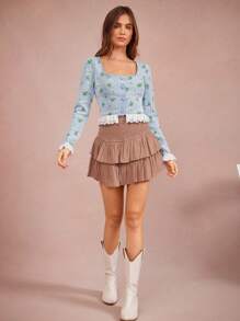 WESTFADE 浅蓝色圆领西部春季花卉图案提花长袖可爱孔眼荷叶边下摆纽扣前开衫毛衣上衣 - 淺藍色 - 查看 3