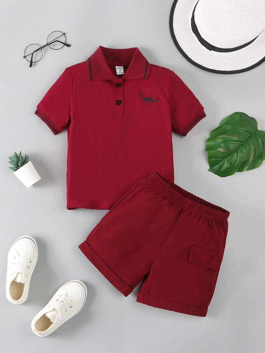 SHEIN 男童两件套,时尚夏季男童服装,男婴短袖套装,夏季时尚童装 - 酒紅色 - 查看 1