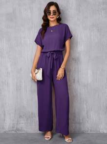 SHEIN Clasi Women's Elegant Round Neck Jumpsuit With Waist Belt And Wide Leg Purple - Purple - View 4