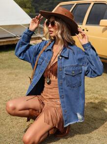 SHEIN Essnce Kurtka jeansowa z luźnymi, swobodnymi, zniszczonymi ramionami i wakacjami