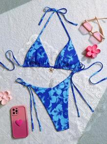 Swim Mod Beach Summer Outfits For Women, Spring Break Floral Print Halter Top And Side Tie Bikini Set
