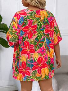 Breezaya 2pcs Plus Size Set: Printed Shirt And Elastic Waist Shorts - Multicolor - View 2