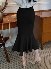 Wynsel Women's Elegant Solid Color Mermaid Hem Fitted Skirt,Ruffle - Black - View 2