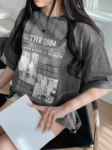 DAZY T-shirt oversize casual da donna con stampa slogan, scollo rotondo, spalle scoperte