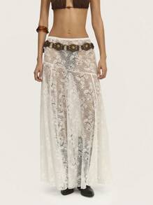 Nöista Cowgirl Low Waist Lace Long Skirt Spring Summer - White - View 5