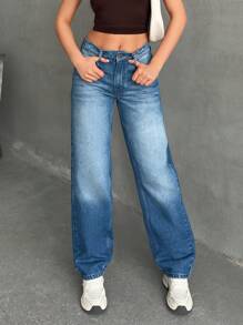 EURMUSE 休闲洗水低腰直筒牛仔裤 - 中等水洗藍 - 查看 5