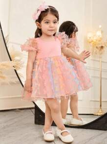 SHEIN Fern Glow  Baby Girl Elegant Summer Cute Butterfly Mesh Short Sleeve Birthday Mini Dress - Pink - View 1