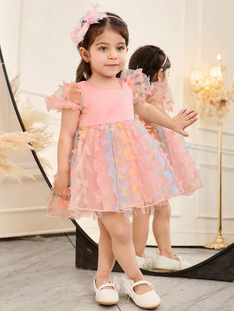 SHEIN Fern Glow  Baby Girl Elegant Summer Cute Butterfly Mesh Short Sleeve Birthday Mini Dress - Pink - View 1