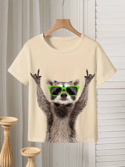 SHEIN Raccoon Print Round Neck Short Sleeve Loose Casual T-Shirt For Young Boys