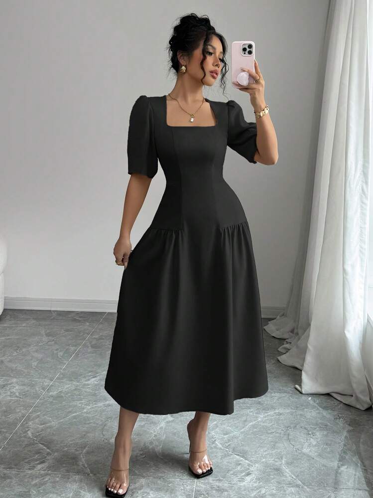 Elenzga Women's French Elegant Workwear Vacation Square Neck Waist Split Design Ruffled A-Line Long Sleeve Dress, Spring & Summer - Black - View 1