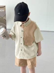SHEIN 2件套男童/女童休闲拼色翻领短袖开衫和松紧腰短裤套装 - 卡其色 - 查看 7